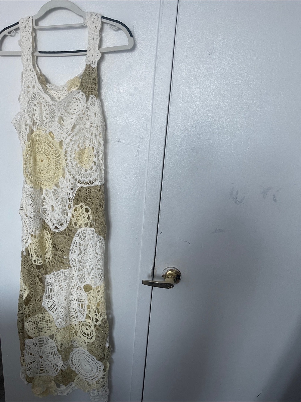 Crochet Patchwork Maxi Dress in Cream and Olive